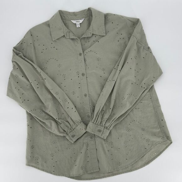 M&S Sage Green Eyelet Embroidered Button-Up Shirt Blouse 14 Cottagecore Timeless - Picture 1 of 9